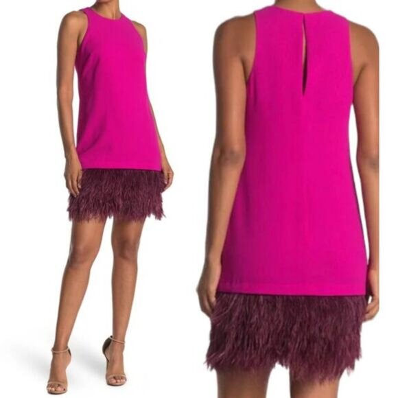 TRINA TURK Berry Feather Trim Shift Dress In Trina Pink Sz 12 - Picture 1 of 5